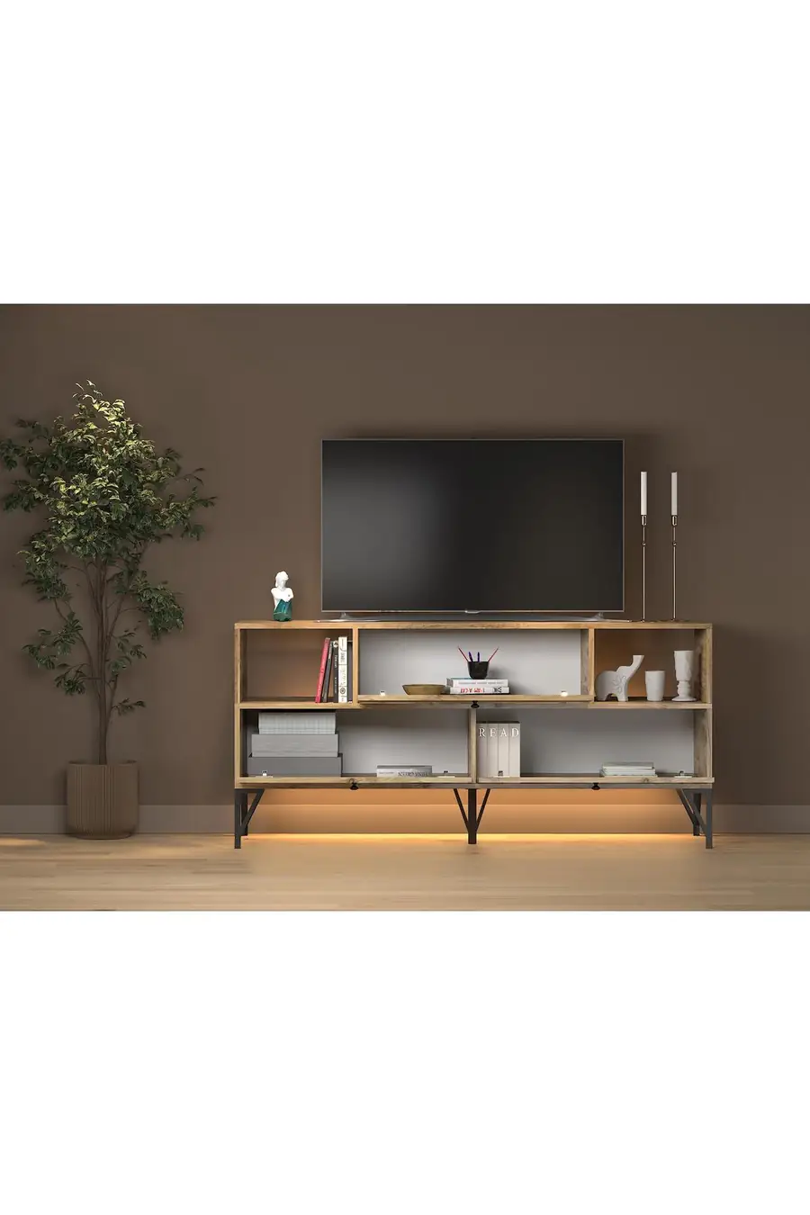 Mila Led Işıklı Dolaplı Minifiksli 160 Cm Konsol - Tv Ünitesi - Tv Sehpası - Atlantik Çam